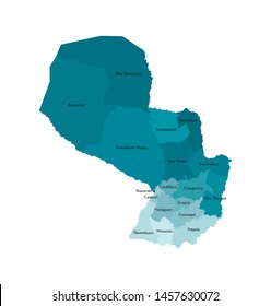 Vector isolated illustration of simplified administrative map of Paraguay. Borders and names of the departments (regions). Colorful blue khaki silhouettes
