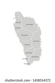 Vector isolated illustration of simplified administrative map of Dominica. Borders and names of the parishes (regions). Grey silhouettes. White outline