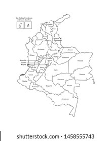 Vector isolated illustration of simplified administrative map of Colombia. Borders and names of the departments (regions). Black line silhouettes.