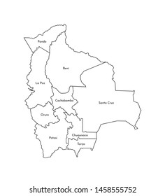 Vector isolated illustration of simplified administrative map of Bolivia. Borders and names of the departments (regions). Black line silhouettes.