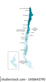 Vector isolated illustration of simplified administrative map of Chile. Borders and names of the regions. Colorful blue khaki silhouettes