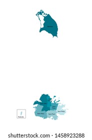 Vector isolated illustration of simplified administrative map of Antigua and Barbuda. Borders and names of the regions. Colorful blue khaki silhouettes