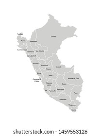 Vector isolated illustration of simplified administrative map of Peru. Borders and names of the departments (regions). Grey silhouettes. White outline