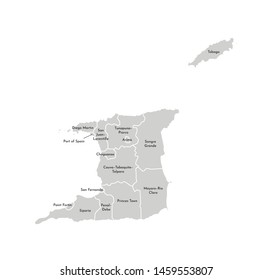 Vector isolated illustration of simplified administrative map of Trinidad and Tobago. Borders and names of the provinces (regions). Grey silhouettes. White outline