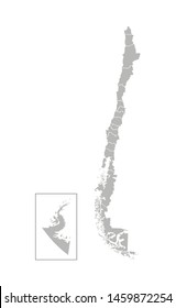 Vector isolated illustration of simplified administrative map of Chile. Borders of the regions. Grey silhouettes. White outline.