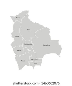 Vector isolated illustration of simplified administrative map of Bolivia. Borders and names of the departments (regions). Grey silhouettes. White outline