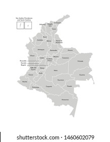 Vector isolated illustration of simplified administrative map of Colombia. Borders and names of the departments (regions). Grey silhouettes. White outline