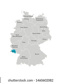 Vector isolated illustration of simplified administrative map of Germany. Blue silhouette of Saarland (state). Grey silhouettes. White outline