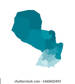 Vector isolated illustration of simplified administrative map of Paraguay. Borders of the departments (regions). Colorful blue khaki silhouettes.