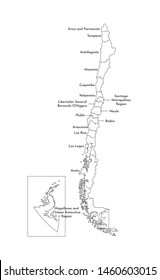 Vector isolated illustration of simplified administrative map of Chile. Borders and names of the regions. Black line silhouettes.