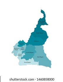 Vector isolated illustration of simplified administrative map of Cameroon. Borders and names of the regions. Colorful blue khaki silhouettes