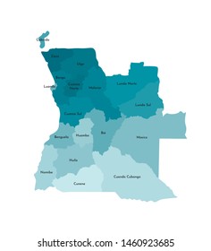 Vector isolated illustration of simplified administrative map of Angola. Borders and names of the provinces (regions). Colorful blue khaki silhouettes.