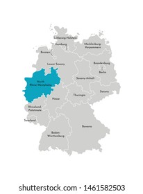 Vector isolated illustration of simplified administrative map of Germany. Blue silhouette of North Rhine-Westphalia (state). Grey silhouettes. White outline