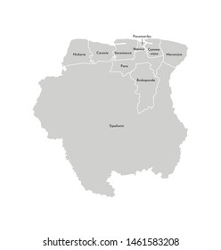 Vector isolated illustration of simplified administrative map of Suriname. Borders and names of the districts (regions). Grey silhouettes. White outline
