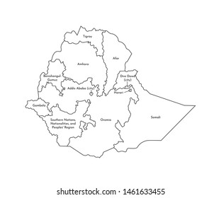 Vector isolated illustration of simplified administrative map of Ethiopia. Borders and names of the regions. Black line silhouettes.