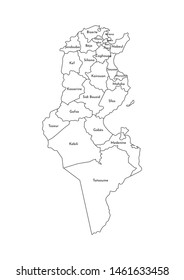 Vector isolated illustration of simplified administrative map of Tunisia. Borders and names of the governorates (regions). Black line silhouettes.