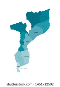 Vector isolated illustration of simplified administrative map of Mozambique. Borders and names of the provinces (regions). Colorful blue khaki silhouettes