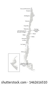 Vector isolated illustration of simplified administrative map of Chile. Borders and names of the regions. Grey silhouettes. White outline