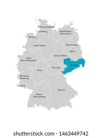 Vector isolated illustration of simplified administrative map of Germany. Blue silhouette of Saxony (state). Grey silhouettes. White outline