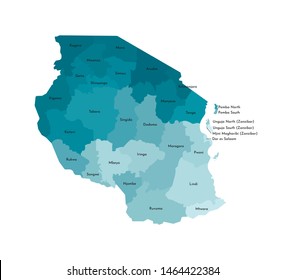 Vector isolated illustration of simplified administrative map of Tanzania. Borders and names of the regions. Colorful blue khaki silhouettes