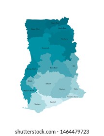 Vector isolated illustration of simplified administrative map of Ghana. Borders and names of the regions. Colorful blue khaki silhouettes