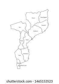 Vector isolated illustration of simplified administrative map of Mozambique. Borders and names of the provinces (regions). Black line silhouettes.