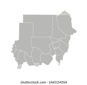 Vector isolated illustration of simplified administrative map of Sudan. Borders of the states (regions). Grey silhouettes. White outline.