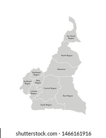 Vector isolated illustration of simplified administrative map of Cameroon; Borders and names of the regions. Grey silhouettes. White outline