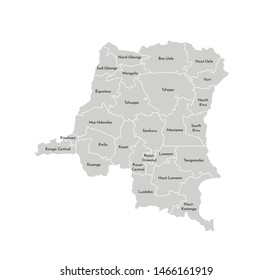 Vector isolated illustration of simplified administrative map of Democratic Republic of the Congo. Borders and names of the provinces (regions). Grey silhouettes. White outline