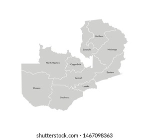 Vector isolated illustration of simplified administrative map of Zambia. Borders and names of the provinces (regions). Grey silhouettes. White outline