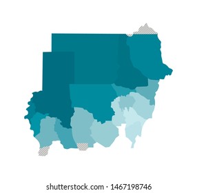 Vector isolated illustration of simplified administrative map of Sudan. Borders of the states (regions). Colorful blue khaki silhouettes.