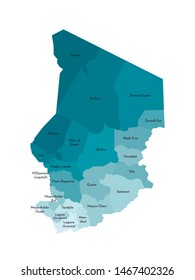 Vector isolated illustration of simplified administrative map of Chad. Borders and names of the regions. Colorful blue khaki silhouettes