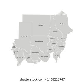 Vector isolated illustration of simplified administrative map of Sudan. Borders and names of the states (regions). Grey silhouettes. White outline