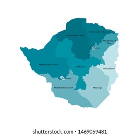 Vector isolated illustration of simplified administrative map of Zimbabwe. Borders and names of the provinces (regions). Colorful blue khaki silhouettes.