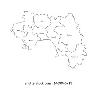 Vector isolated illustration of simplified administrative map of Guinea. Borders and names of the regions. Black line silhouettes.