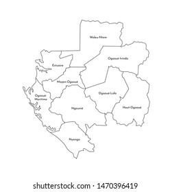 Vector isolated illustration of simplified administrative map of Gabon. Borders and names of the provinces (regions). Black line silhouettes.