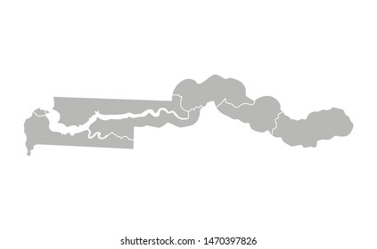 Vector isolated illustration of simplified administrative map of Gambia. Borders of the regions. Grey silhouettes. White outline.