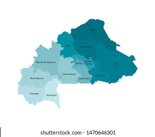 Vector isolated illustration of simplified administrative map of Burkina Faso. Borders and names of the regions. Colorful blue khaki silhouettes