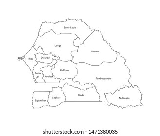Vector isolated illustration of simplified administrative map of Senegal. Borders and names of the regions. Black line silhouettes.