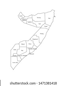 Vector isolated illustration of simplified administrative map of Somalia﻿. Borders and names of the regions. Black line silhouettes.