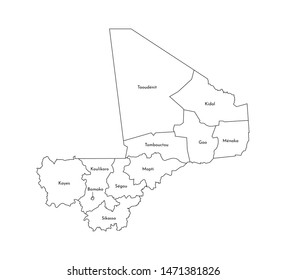 Vector isolated illustration of simplified administrative map of Mali. Borders and names of the regions. Black line silhouettes.