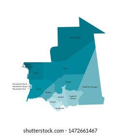 Vector isolated illustration of simplified administrative map of Mauritania. Borders and names of the regions. Colorful blue khaki silhouettes
