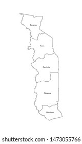 Vector isolated illustration of simplified administrative map of Togo. Borders and names of the regions. Black line silhouettes.