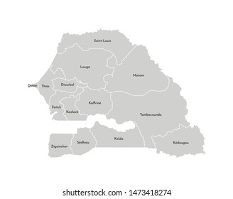 Vector isolated illustration of simplified administrative map of Senegal. Borders and names of the regions. Grey silhouettes. White outline