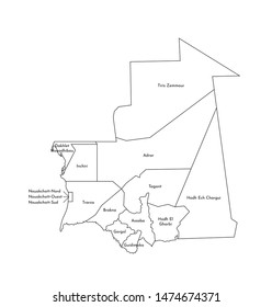 Vector isolated illustration of simplified administrative map of Mauritania. Borders and names of the regions. Black line silhouettes.