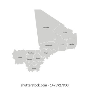 Vector isolated illustration of simplified administrative map of Mali. Borders and names of the regions. Grey silhouettes. White outline