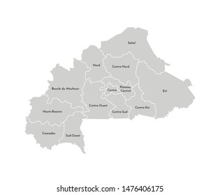 Vector isolated illustration of simplified administrative map of Burkina Faso. Borders and names of the regions. Grey silhouettes. White outline