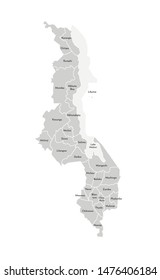 Vector isolated illustration of simplified administrative map of Malawi. Borders and names of the districts (regions). Grey silhouettes. White outline
