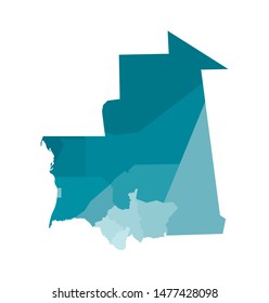 Vector isolated illustration of simplified administrative map of Mauritania. Borders of the regions. Colorful blue khaki silhouettes.