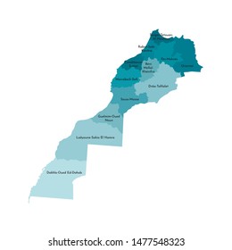 Vector isolated illustration of simplified administrative map of Morocco (including disputed territory of Western Sahara). Borders and names of the regions. Colorful blue khaki silhouettes